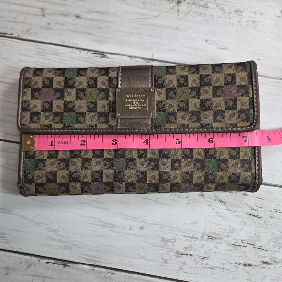 Liz Claiborne Brown Monogram Wristlet with Green and Pink Accents - Picture 12 of 13
